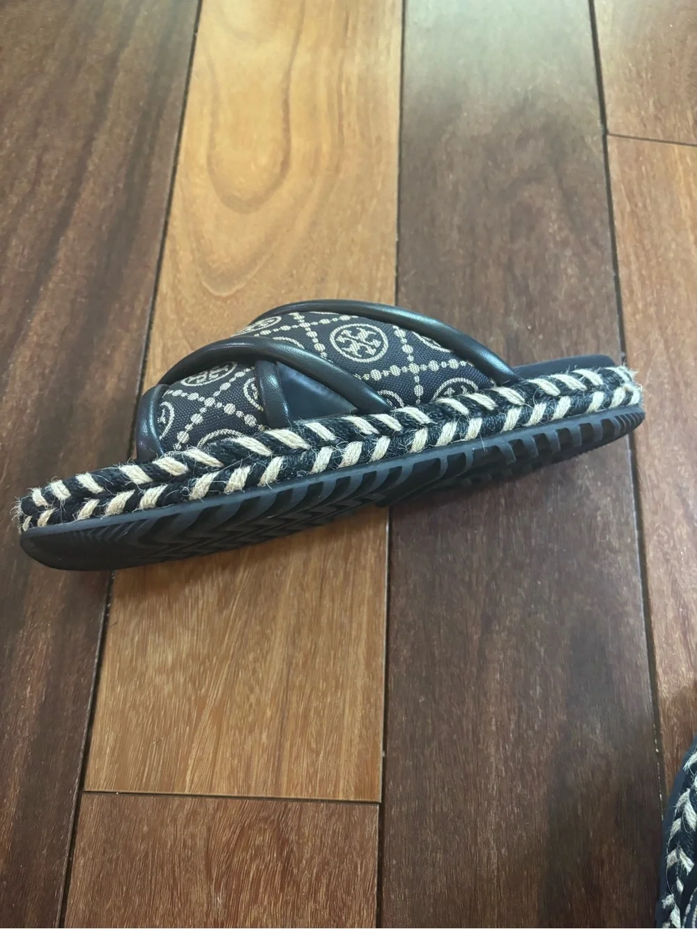 Tory Burch Black Canvas Logo Espadrille Slides